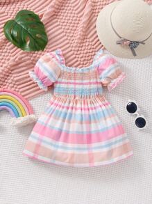 嬰兒格紋印花抽褶細節泡泡袖洋裝