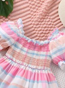 嬰兒格紋印花抽褶細節泡泡袖洋裝