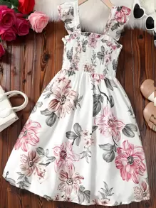 Girls Floral Print Ruffle Trim Shirred Bodice Dress - White - View 1