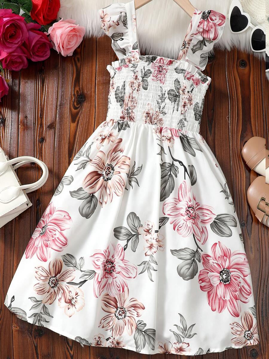 Girls Floral Print Ruffle Trim Shirred Bodice Dress - White - View 1