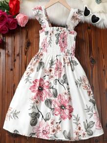 Girls Floral Print Ruffle Trim Shirred Bodice Dress - White - View 2