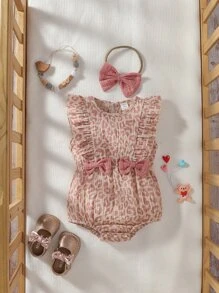Baby Girl Leopard Print Ruffle Trim Bow Front Bodysuit With Accessory Headband