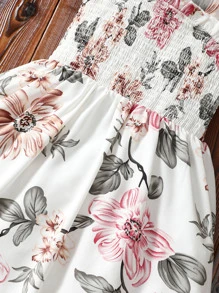 Girls Floral Print Ruffle Trim Shirred Bodice Dress - White - View 5