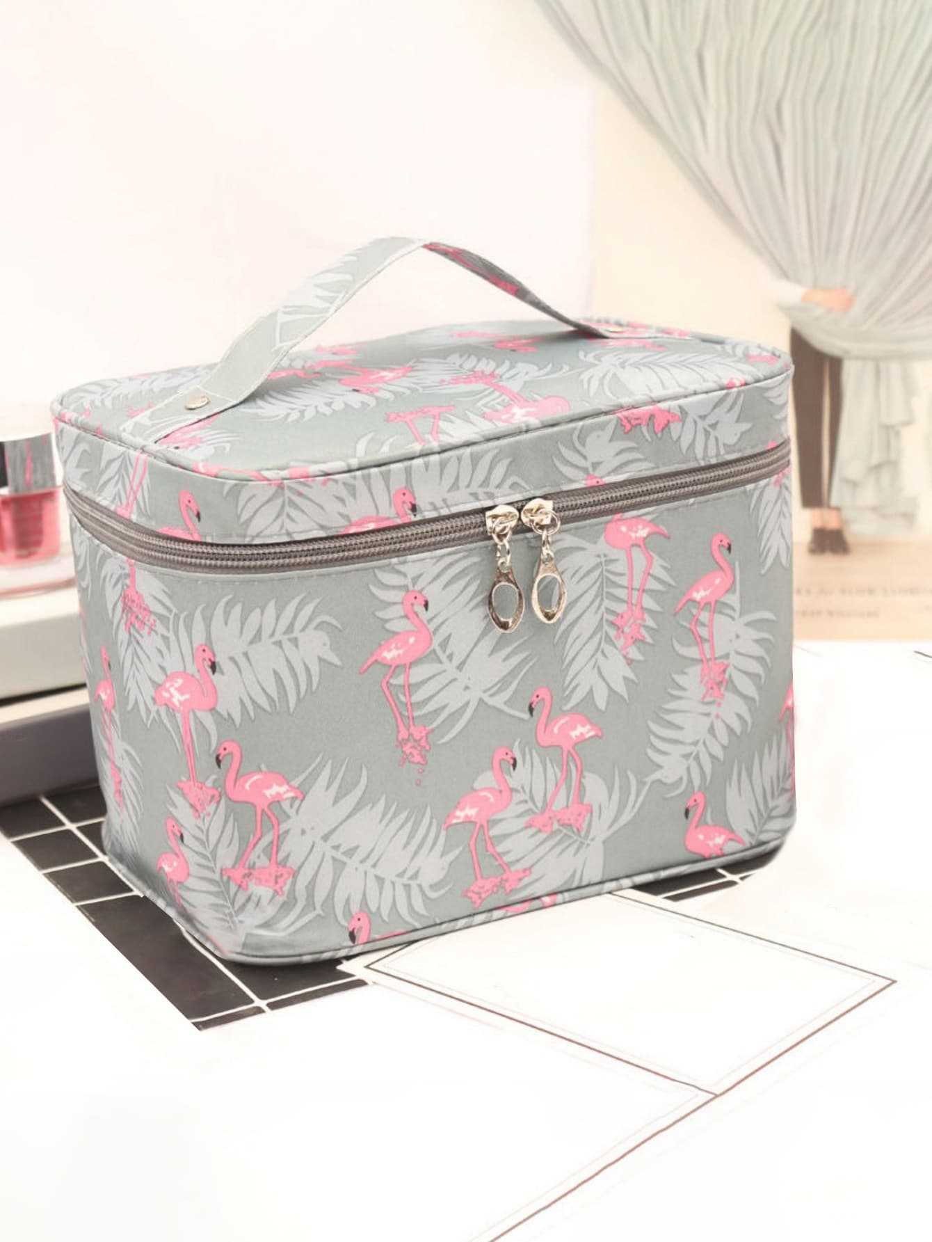 1pc Tropical & Flamingo Pattern Toiletry Travel Bag - Grey - View 1