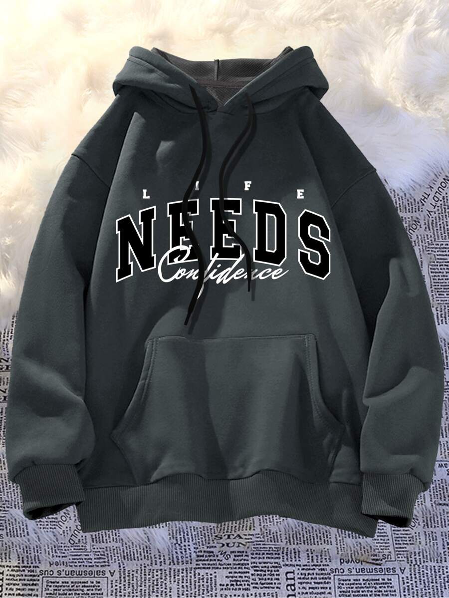 Manfinity Campus Court Men Plus Letter Graphic Kangaroo Pocket Drawstring Hoodie - Dark Grey - View 1