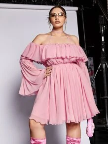 SHEIN ICON Plus Ruffle Trim Flounce Sleeve Halter Off Shoulder Dress - Baby Pink - View 1