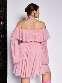 SHEIN ICON Plus Ruffle Trim Flounce Sleeve Halter Off Shoulder Dress - Baby Pink - View 2