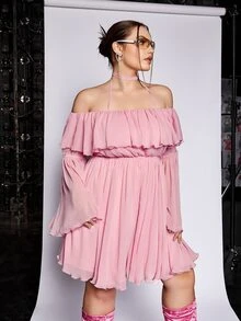 SHEIN ICON Plus Ruffle Trim Flounce Sleeve Halter Off Shoulder Dress - Baby Pink - View 4