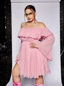 SHEIN ICON Plus Ruffle Trim Flounce Sleeve Halter Off Shoulder Dress - Baby Pink - View 5