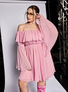 SHEIN ICON Plus Ruffle Trim Flounce Sleeve Halter Off Shoulder Dress - Baby Pink - View 6