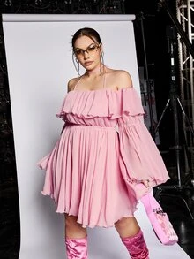 SHEIN ICON Plus Ruffle Trim Flounce Sleeve Halter Off Shoulder Dress - Baby Pink - View 7