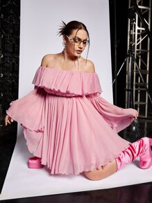 SHEIN ICON Plus Ruffle Trim Flounce Sleeve Halter Off Shoulder Dress - Baby Pink - View 8
