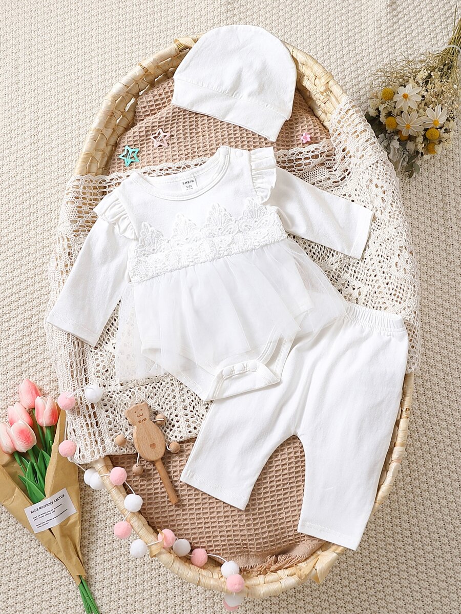 Newborn Baby Eyelet Embroidery Ruffle Trim Bodysuit & Trousers