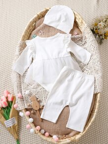 Newborn Baby Eyelet Embroidery Ruffle Trim Bodysuit & Trousers