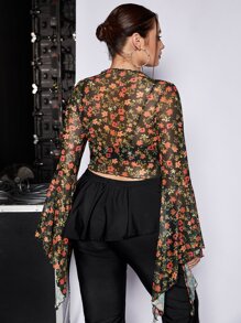SHEIN ICON Plus Allover Floral Print Knot Front Bell Sleeve Mesh Top