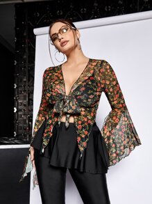 SHEIN ICON Plus Allover Floral Print Knot Front Bell Sleeve Mesh Top