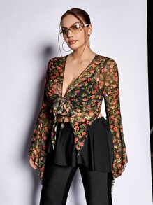 SHEIN ICON Plus Allover Floral Print Knot Front Bell Sleeve Mesh Top