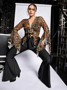 SHEIN ICON Plus Allover Floral Print Knot Front Bell Sleeve Mesh Top