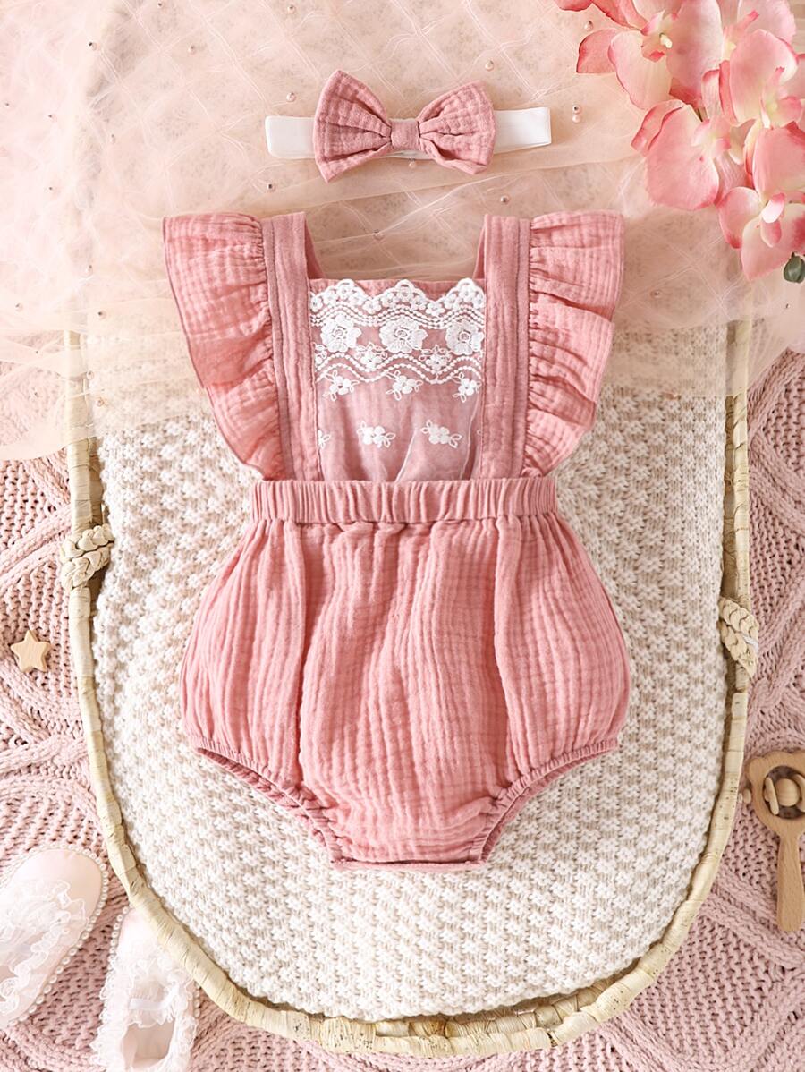 Body con ribete de volantes y malla bordada para bebé - Rosa coral - Ver 1