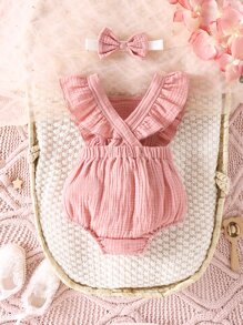 Body con ribete de volantes y malla bordada para bebé - Rosa coral - Ver 2