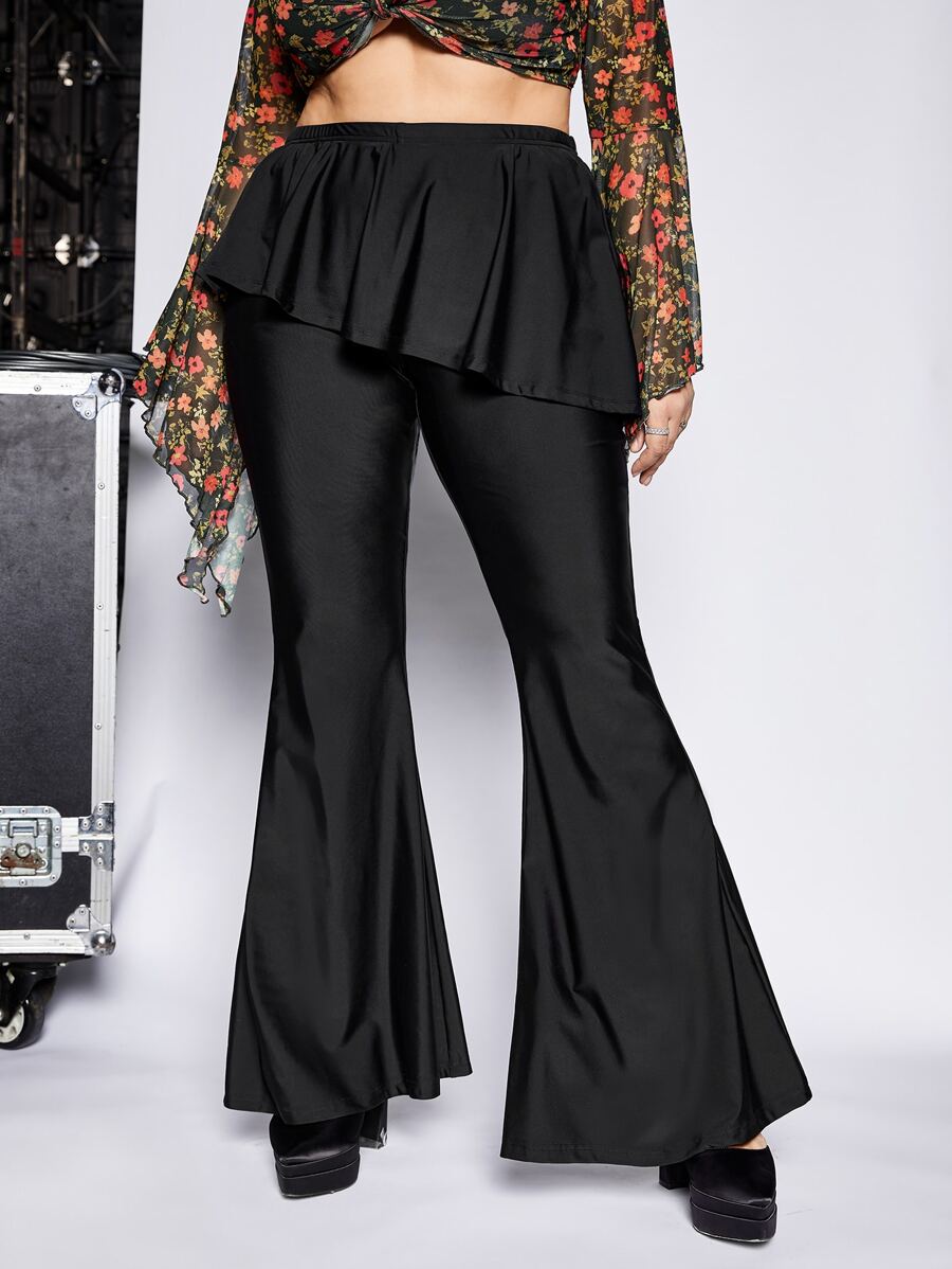 SHEIN ICON Pantalones acampanados ribete con fruncido - Negro - Ver 1