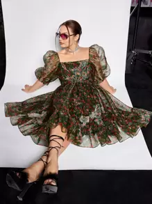 SHEIN MOD Plus Floral Print Square Neck Puff Sleeve Ruffle Hem Organza Dress - Multicolor - View 1