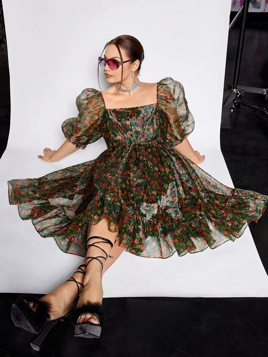 SHEIN MOD Plus Floral Print Square Neck Puff Sleeve Ruffle Hem Organza Dress - Multicolor - View 1