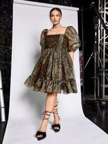 SHEIN MOD Plus Floral Print Square Neck Puff Sleeve Ruffle Hem Organza Dress - Multicolor - View 3