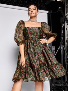 SHEIN MOD Plus Floral Print Square Neck Puff Sleeve Ruffle Hem Organza Dress - Multicolor - View 4