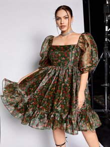 SHEIN MOD Plus Floral Print Square Neck Puff Sleeve Ruffle Hem Organza Dress - Multicolor - View 5