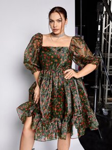 SHEIN MOD Plus Floral Print Square Neck Puff Sleeve Ruffle Hem Organza Dress - Multicolor - View 6