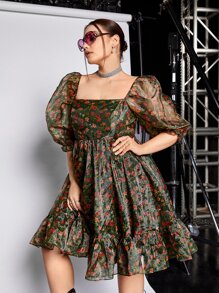 SHEIN MOD Plus Floral Print Square Neck Puff Sleeve Ruffle Hem Organza Dress - Multicolor - View 7