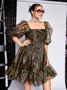 SHEIN MOD Plus Floral Print Square Neck Puff Sleeve Ruffle Hem Organza Dress - Multicolor - View 8