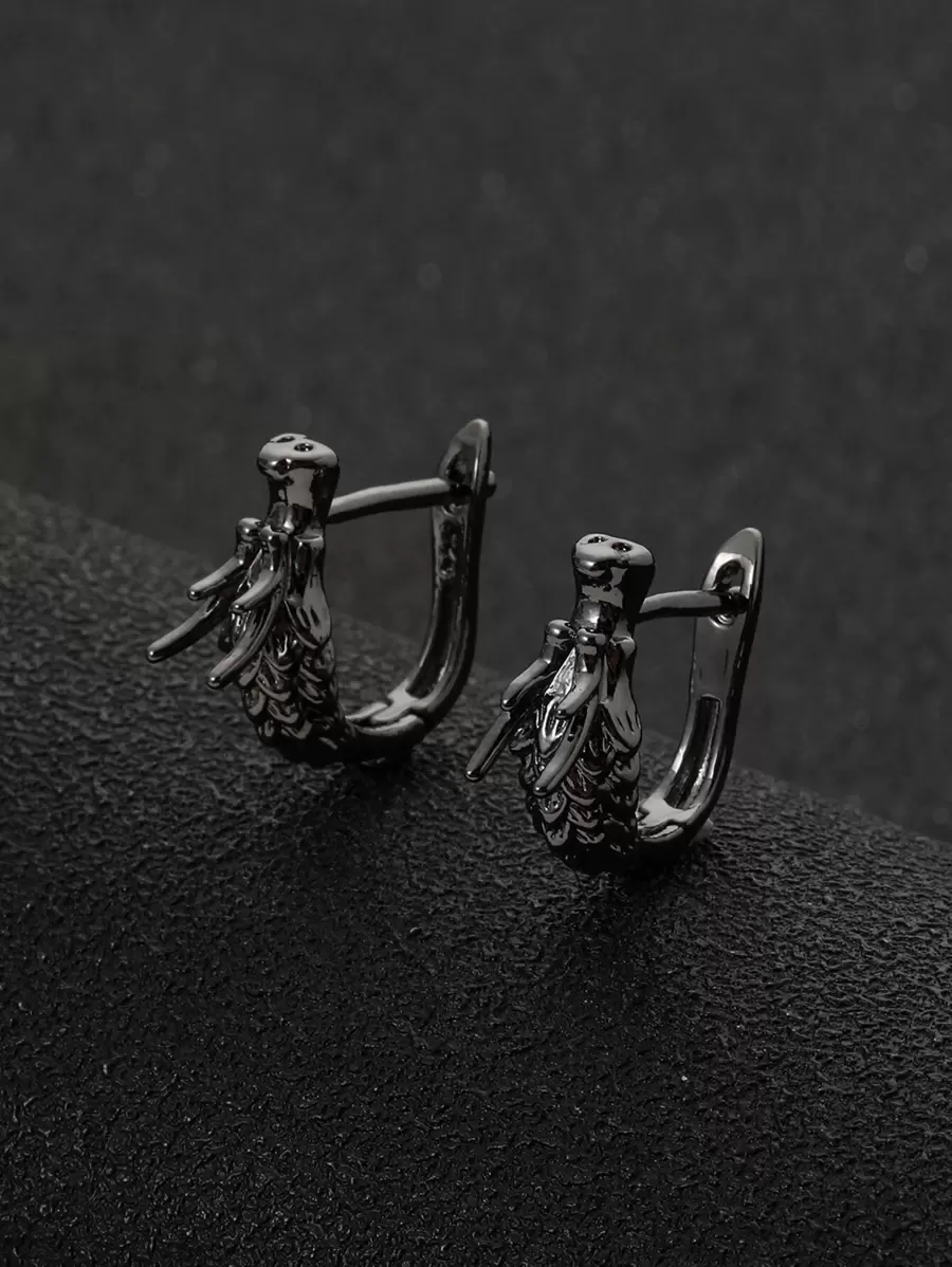 Men Chinese Dragon Design Hoop Earrings - Gun Black - View 1