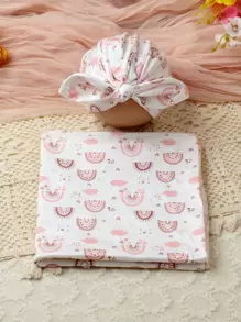 SHEIN Manta de envolver con estampado de arcoíris y gorro turbante a juego, conjunto de fotografía para recién nacida niña, para sesión de fotos de bebé niña - Blanco - Ver 2