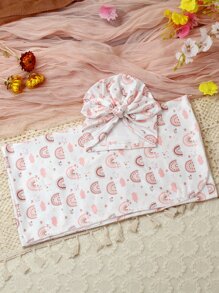 SHEIN Manta de envolver con estampado de arcoíris y gorro turbante a juego, conjunto de fotografía para recién nacida niña, para sesión de fotos de bebé niña - Blanco - Ver 5