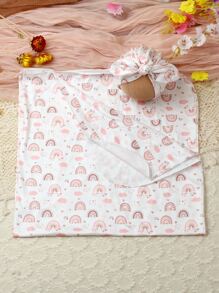SHEIN Manta de envolver con estampado de arcoíris y gorro turbante a juego, conjunto de fotografía para recién nacida niña, para sesión de fotos de bebé niña - Blanco - Ver 8