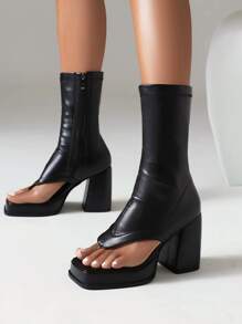 女士側拉鏈夾腳防水台粗跟時尚黑色涼鞋靴 - 黑色 - 查看 2