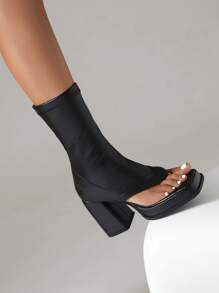 女士側拉鏈夾腳防水台粗跟時尚黑色涼鞋靴 - 黑色 - 查看 8