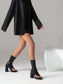 女士側拉鏈夾腳防水台粗跟時尚黑色涼鞋靴 - 黑色 - 查看 5