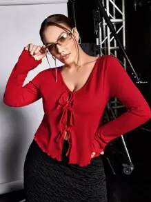 SHEIN ICON Plus Tie Front Lettuce Trim Tee - Burgundy - View 1