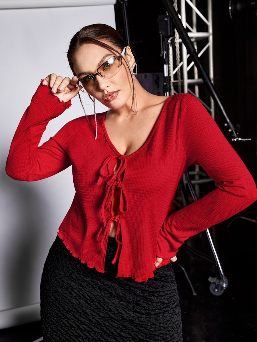 SHEIN ICON Plus Tie Front Lettuce Trim Tee - Burgundy - View 1