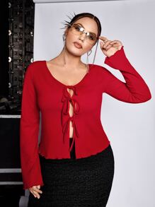 SHEIN ICON Plus Tie Front Lettuce Trim Tee - Burgundy - View 5