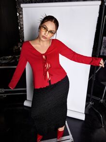 SHEIN ICON Plus Tie Front Lettuce Trim Tee - Burgundy - View 7