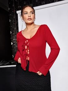 SHEIN ICON Plus Tie Front Lettuce Trim Tee - Burgundy - View 8