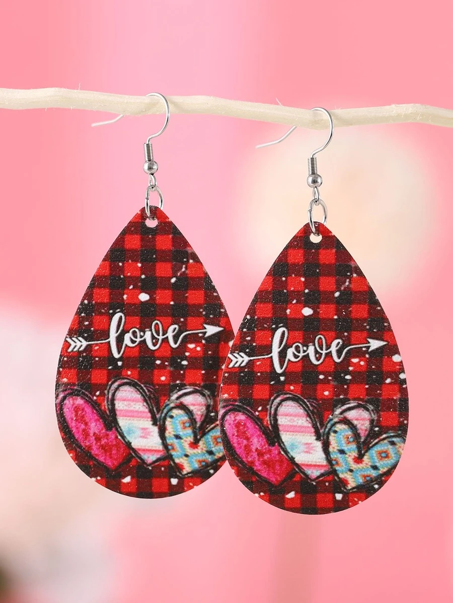 Heart & Plaid Pattern Water Drop Earrings - Red - View 1