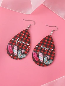 Heart & Plaid Pattern Water Drop Earrings - Red - View 4