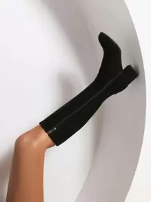 Giày bốt cao đến giữa bắp chân, mũi tròn, gót dày, khóa kéo bên hông, co giãn, da lộn màu đen thường ngày - màu đen - Xem 2