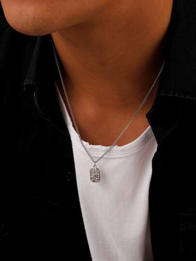 Fashionable and Popular Men Textured Rectangle Charm Necklace Stainless Steel for Jewelry Gift and for a Stylish Look