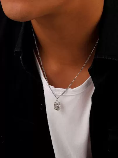 Fashionable and Popular Men Textured Rectangle Charm Necklace Stainless Steel for Jewelry Gift and for a Stylish Look